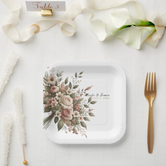 Elegante Olijfgroen & Witte Bloemen Hoek Trouwen Papieren Bordje (Huwelijk)