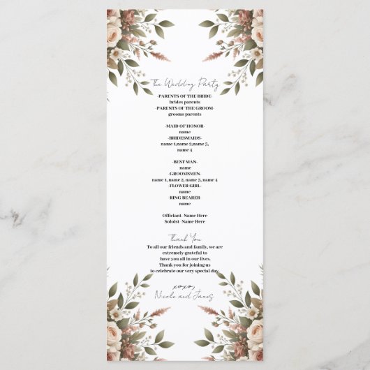 Elegante Olijfgroen & Witte Bloemen Hoek Trouwen Programmakaart (Achterkant)