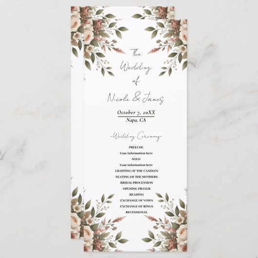 Elegante Olijfgroen & Witte Bloemen Hoek Trouwen Programmakaart (Voorkant / Achterkant)