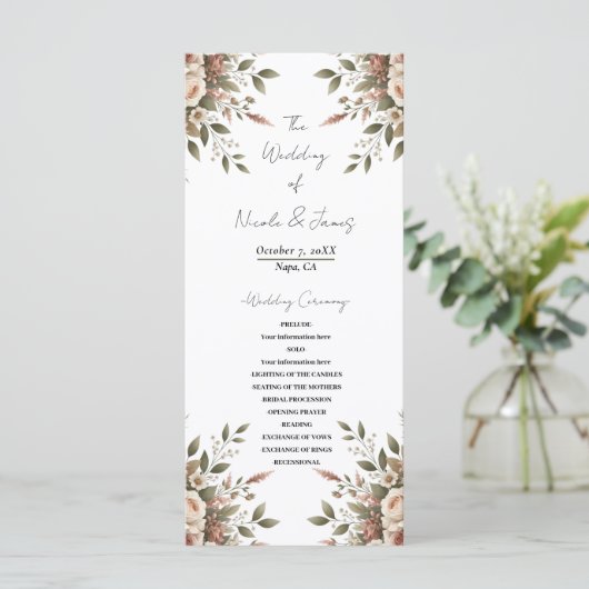 Elegante Olijfgroen & Witte Bloemen Hoek Trouwen Programmakaart (Staand voorkant)