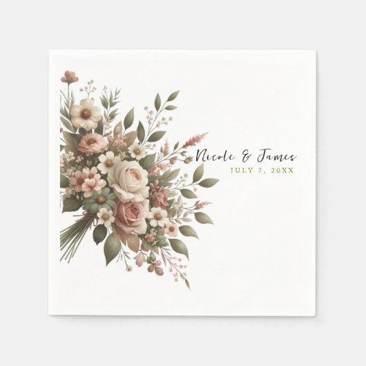 Elegante Olijfgroen & Witte Bloemen Hoek Trouwen Servet (Voorkant)