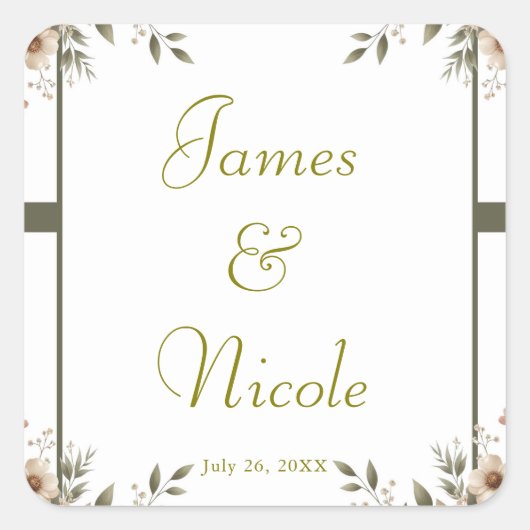 Elegante Olijfgroen & Witte Bloemen Hoek Trouwen Vierkante Sticker (Voorkant)