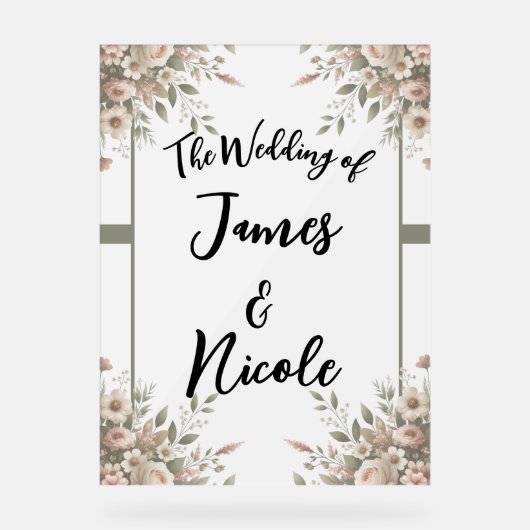 Elegante Olijfgroen & Witte Bloemen Trouwbord Acryl Bord (Voorkant)