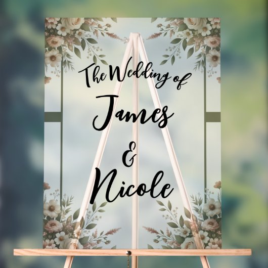 Elegante Olijfgroen & Witte Bloemen Trouwbord Acryl Bord (Neutraal)