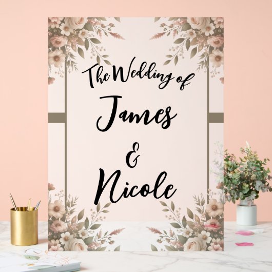 Elegante Olijfgroen & Witte Bloemen Trouwbord Acryl Bord (Huwelijk)