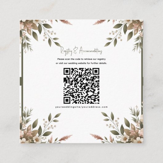 Elegante Olijfgroen & Witte Bloemen Trouwdetails Vierkante Visitekaartje (Achterkant)