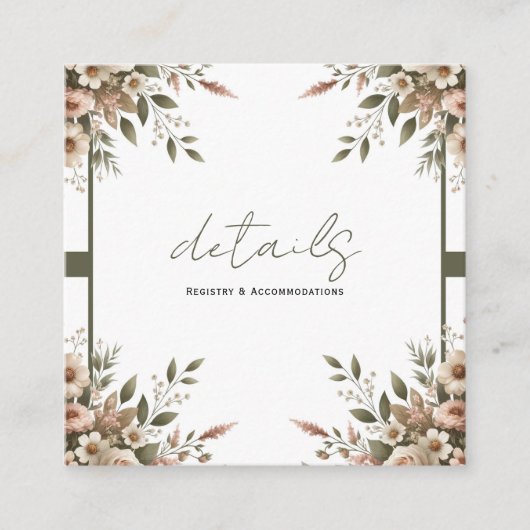 Elegante Olijfgroen & Witte Bloemen Trouwdetails Vierkante Visitekaartje (Voorkant)