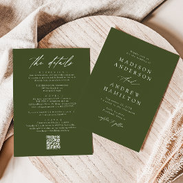 Elegante Olijfgroene All In One QR Code Trouwkaart Kaart