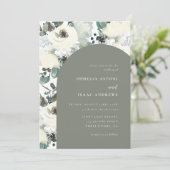 Elegante olijfgroene aquarel bloemboog bruiloft kaart (Staand voorkant)