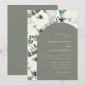 Elegante olijfgroene aquarel bloemboog bruiloft kaart (Voorkant / Achterkant)