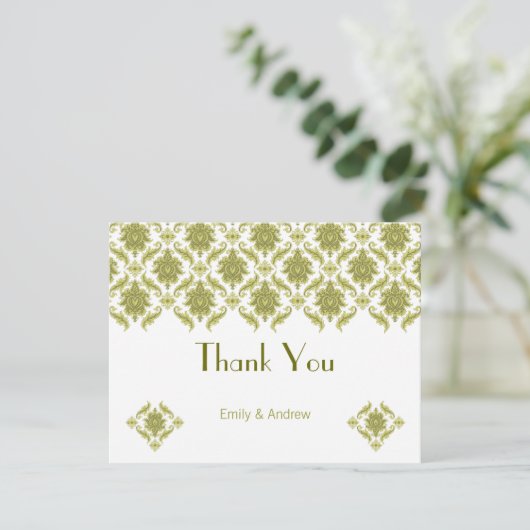 Elegante Olijfgroene Bloemen Damast Bruiloft Bedankkaart (Staand voorkant)