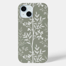 Elegante olijfgroene bloemensilhouet iPhone 15 case