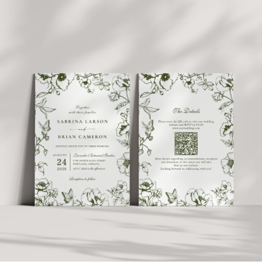 Elegante olijfgroene bloemetuin QR-code trouwfeest Kaart