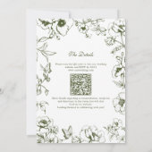 Elegante olijfgroene bloemetuin QR-code trouwfeest Kaart (Achterkant)