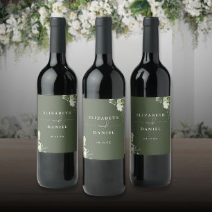 Elegante olijfgroene bloemige groene bruiloft wijn etiket