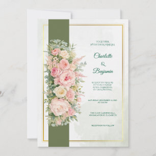 Elegante olijfgroene bloemige trouwuitnodiging kaart