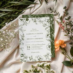 Elegante olijfgroene bloemige tuinbruiloft kaart