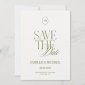 Elegante olijfgroene foto save-the-date kaart (Voorkant)