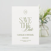 Elegante olijfgroene foto save-the-date kaart (Staand voorkant)