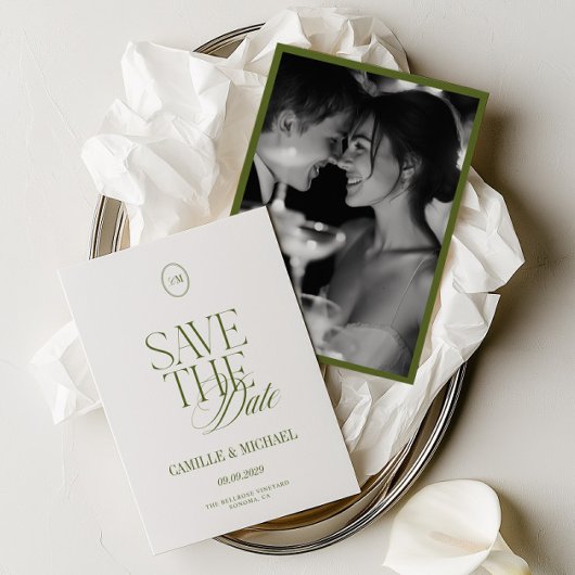Elegante olijfgroene foto save-the-date kaart