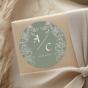 Elegante Olijfgroene Franse Rozen Bruiloft Ronde Sticker