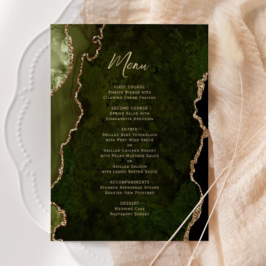 Elegante Olijfgroene Gouden Agate Huwelijksmenu Menu