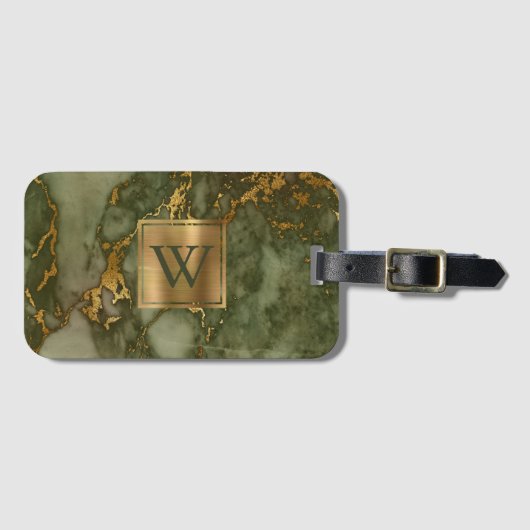 Elegante Olijfgroene Gouden Marmer Monogram Bagagelabel (Voorkant (horizontaal))