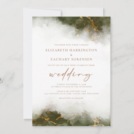 Elegante Olijfgroene Gouden Marmeren Bruiloft Kaart (Voorkant)