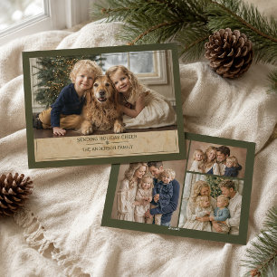 Elegante olijfgroene kerstfamilie multi-fotokaart feestdagenkaart