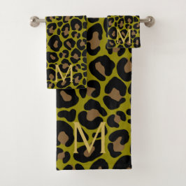 Elegante Olijfgroene Luipaard Monogram  Bad Handdoek