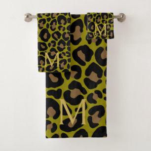 Elegante Olijfgroene Luipaard Monogram Bad Handdoek
