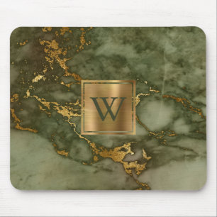 Elegante olijfgroene marmeren gouden monogram muismat