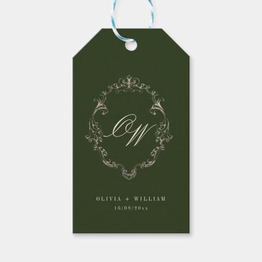 Elegante Olijfgroene Monogram Bruiloft Cadeaulabel (Voorkant)
