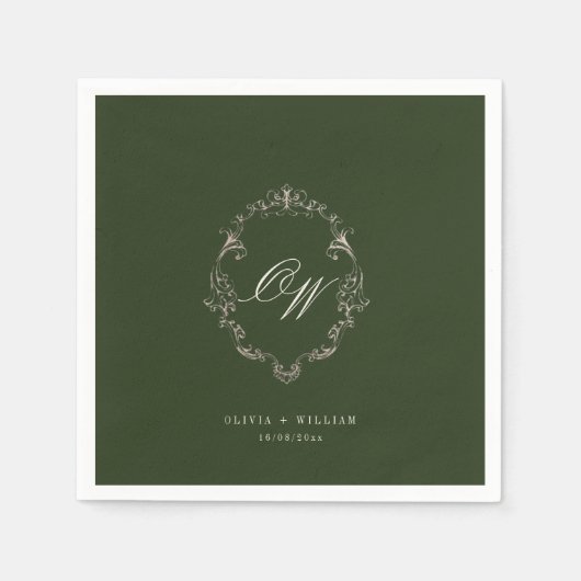 Elegante Olijfgroene Monogram Bruiloft Servet (Voorkant)
