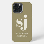 Elegante olijfgroene monogram initiaal iPhone hoesje (Achterkant)
