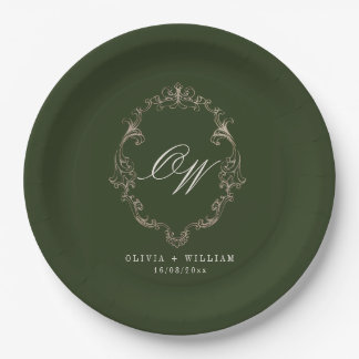 Elegante Olijfgroene Monogram Trouwdag Papieren Bordje