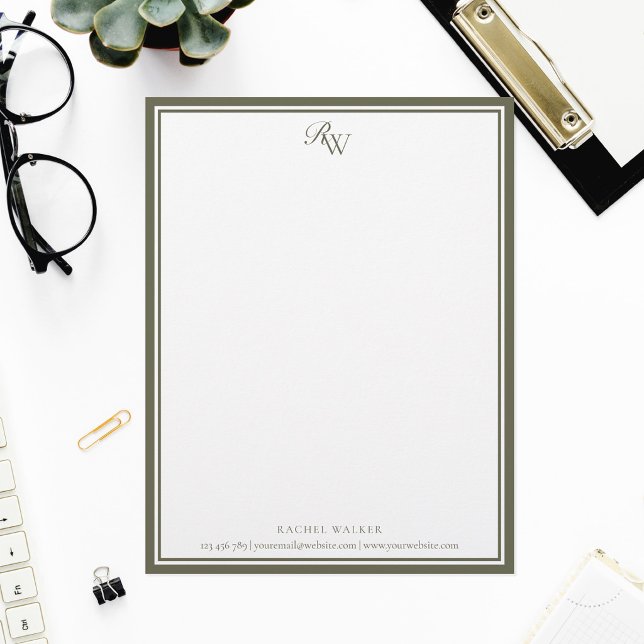 Elegante olijfgroene monogram twee rand briefhoofd (Creator heeft geüpload)