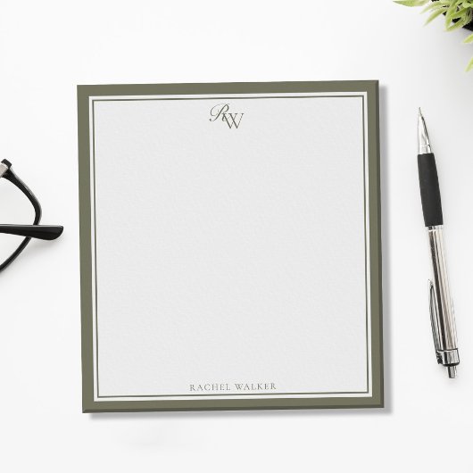 Elegante olijfgroene monogram twee rand notitieblok