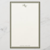 Elegante olijfgroene monogram tweedelige rand briefpapier (Voorkant)