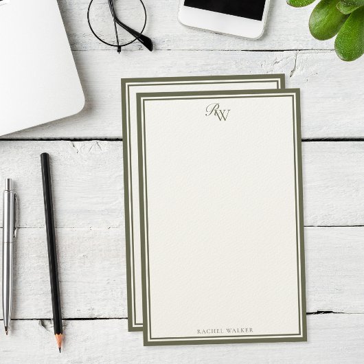 Elegante olijfgroene monogram tweedelige rand briefpapier