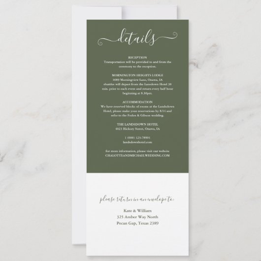 Elegante olijfgroene script all-in-one bruiloft kaart (Achterkant)