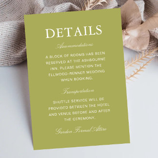 Elegante Olijfgroene Script Trouwinformatie Informatiekaartje
