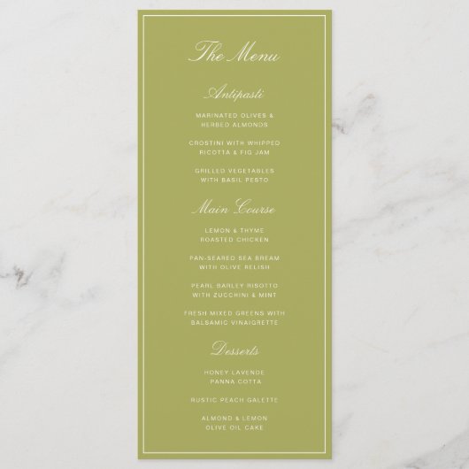 Elegante Olijfgroene Scriptie Bruiloft Menu (Voorkant)