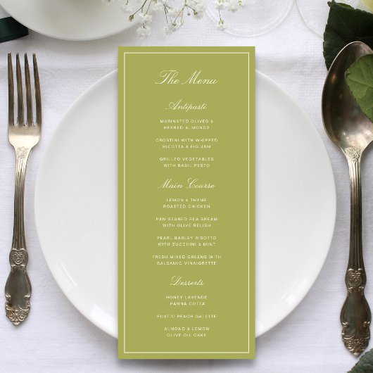 Elegante Olijfgroene Scriptie Bruiloft Menu