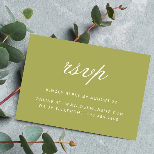 Elegante olijfgroene scriptuur bruiloft RSVP kaartje