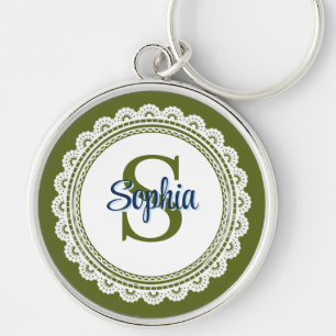 Elegante olijfgroene vintage kant met monogram naa sleutelhanger