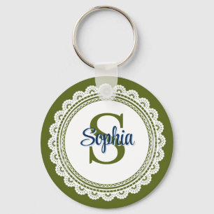 Elegante olijfgroene vintage kant met monogram naa sleutelhanger