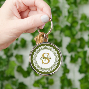 Elegante olijfgroene vintage kant monogram naam sleutelhanger