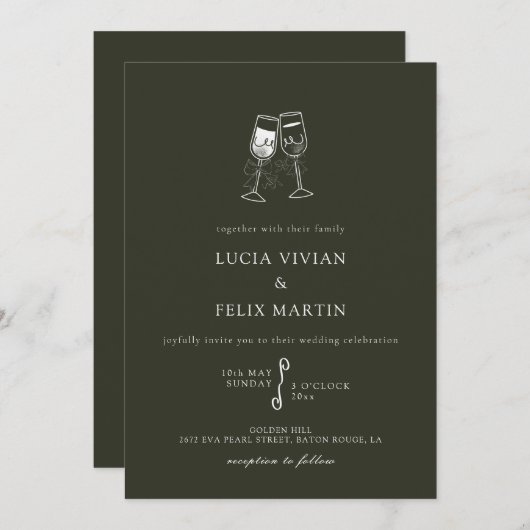 Elegante Olijfhout Groene bruiloft Kaart (Voorkant / Achterkant)