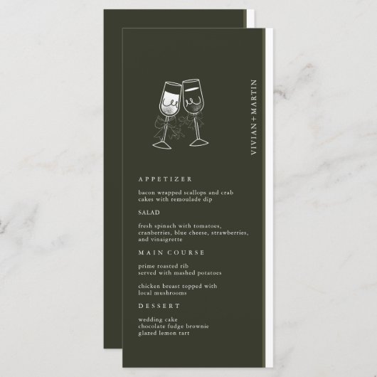 Elegante Olijfhout Groene bruiloft Menu (Voorkant / Achterkant)